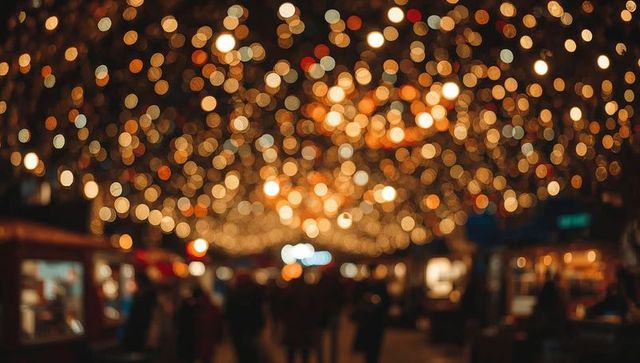 Glowing string lights canopy over bustling evening market, bokeh crowds and vendor booths