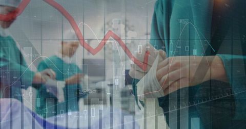 Surgeons in Operating Theater Overlayed with Financial Graphs