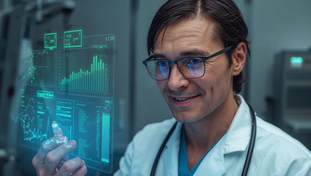 Male doctor interacting with holographic medical dashboard analyzing clinical data