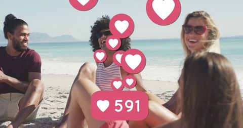 Social Media Icons Overlaying Friends Having Fun on Beach