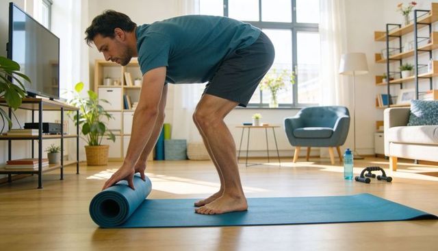 Man rolling yoga mat in sunlit living room preparing for home workout routine