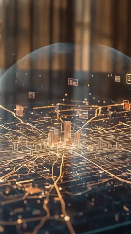 Activating Smart City Grid, Holographic Dome Rising Over Urban Model (Vertical Video)