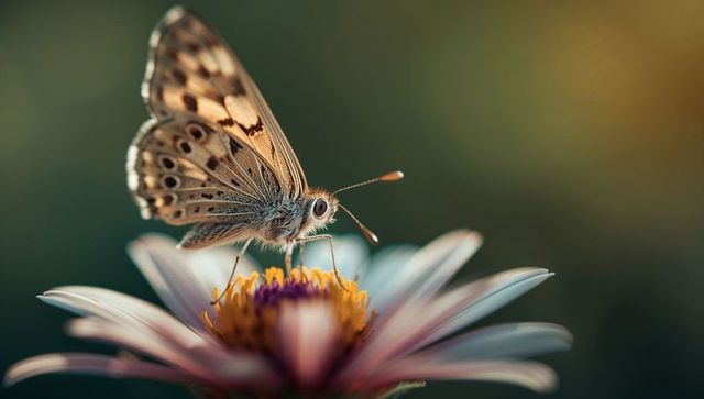 Brown-beige butterfly perching on pale pink daisy probing yellow pollen macro closeup