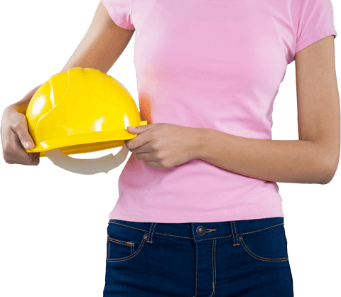 Woman holding yellow hard hat symbolizing safety transparent background