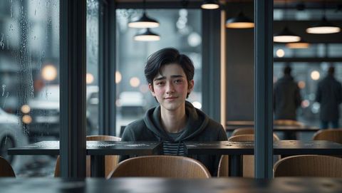 Young man gazing through rainy cafe window with urban vibe - shy concept