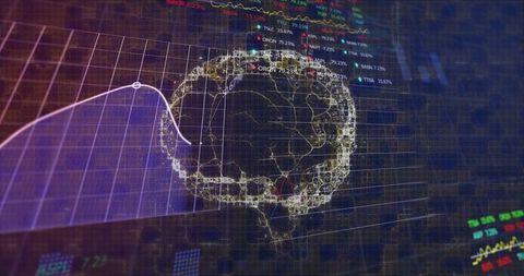 Futuristic technology dashboard with wireframe skull and analytics