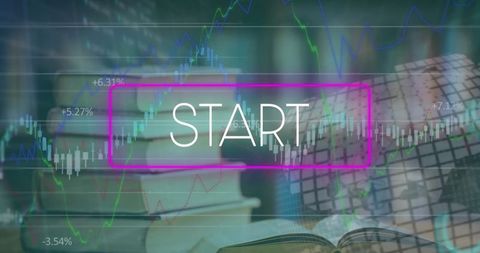 Neon start button with overlay of financial graphs and books