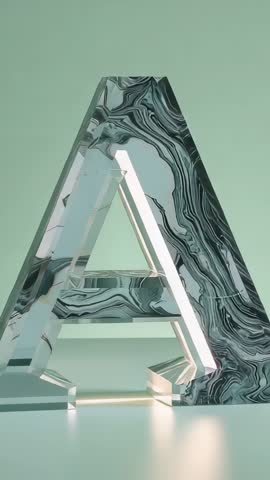 Rotating Glass Letter A with Marble Veins on Mint Green Floor | Vertical Minimalist Loop