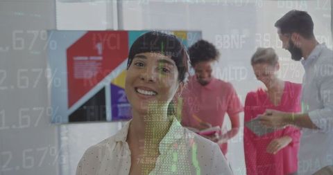 Confident Businesswoman Smiling in Office with Financial Overlay