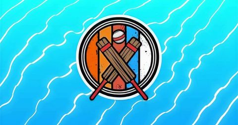 Crossed cricket bats emblem featuring ball and tricolor segments on blue wave background