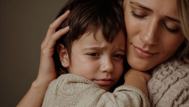 Mother comforting worried child in cozy knitted embrace, warmth and tenderness