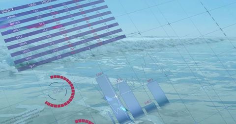 Futuristic data visualization with 3d graphs on ocean
