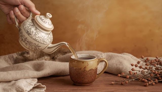Pouring tea from vintage patterned teapot into speckled ceramic mug with rising steam