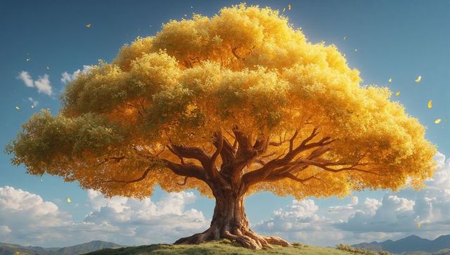 Golden oak spreading broad canopy over sunlit hilltop with falling leaves and majestic trunk