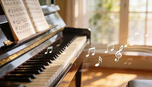 Sunlit upright piano with open sheet music and floating musical notes in cozy parlor