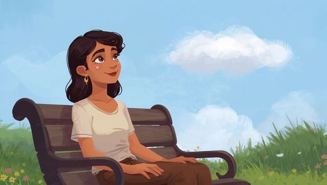 Young woman sitting on park bench gazing at sky in sunny meadow with gold hoops