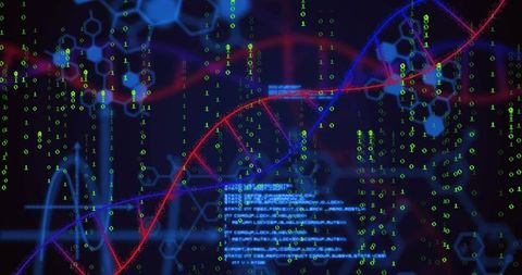 Neon DNA Data Stream Double Helix with Binary Code Futuristic Bioinformatics