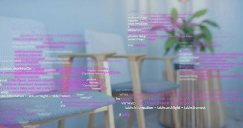 Modern workspace with coding overlay on cozy furniture