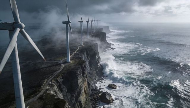 Stormy coastal wind turbine ridge along misty cliffs with crashing waves and spray