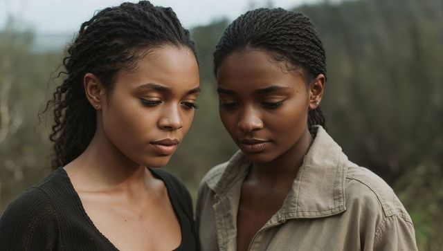 Two women standing close together looking down in tranquil woodland portrait