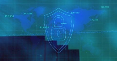 Dotted shield with padlock over global network grid representing cybersecurity protection