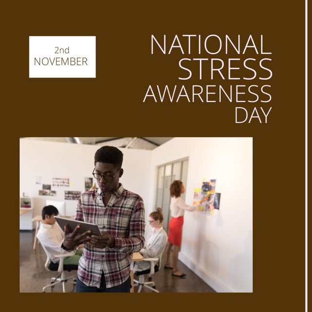 Composition of national stress awareness day text over diverse business people on brown background. Stress awareness day and celebration concept digitally generated image.