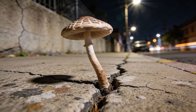 Patterned mushroom pushing through cracked concrete sidewalk at night with city bokeh