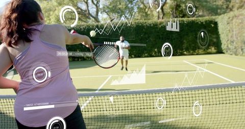 Woman swinging forehand on smart tennis court with hud analytics overlay and sunny greenery