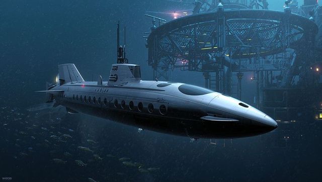 Futuristic manned submersible hovering near industrial deep-sea docking platform