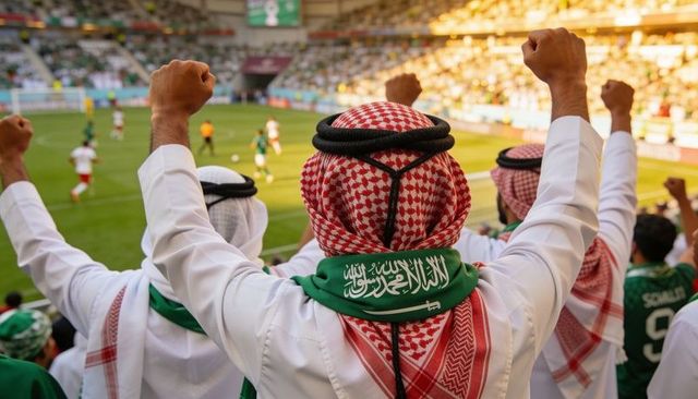 Cheering saudi football fans wearing shemagh and green scarf raising arms in stadium