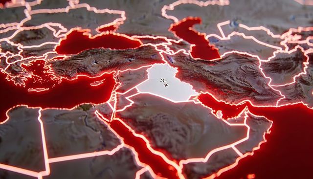 Iraq highlighted on neon 3d topographic map with star markers, glowing borders and terrain relief