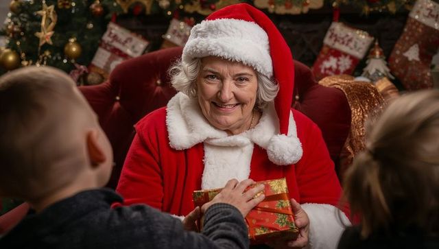 Joyful Senior Woman Sharing Gift with Children at Christmas