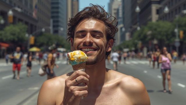 Smiling shirtless man holding melting ice cream cone on sunny downtown avenue
