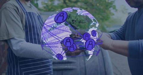 Backyard grilling duo preparing meal while holographic globe overlay showing global network