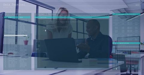 Collaborative Data Interface with Professionals at Laptop and Code Overlay in Modern Workspace