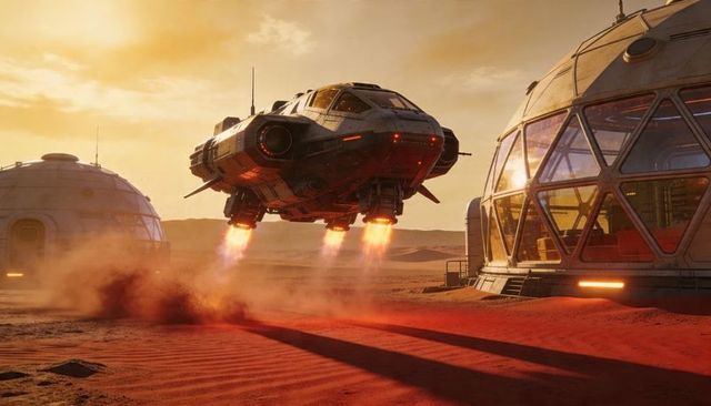 Hovering Shuttle Launching Over Red Desert Colony Domes at Sunset Sci-Fi Planetary Habitat