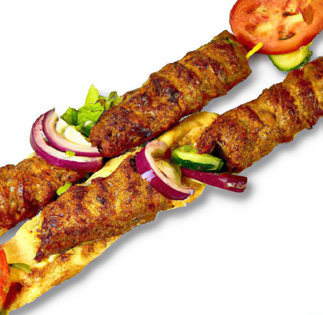 Close up of kebab meat with vegetables on white background. Food, traditional dish, fresh and health concept.