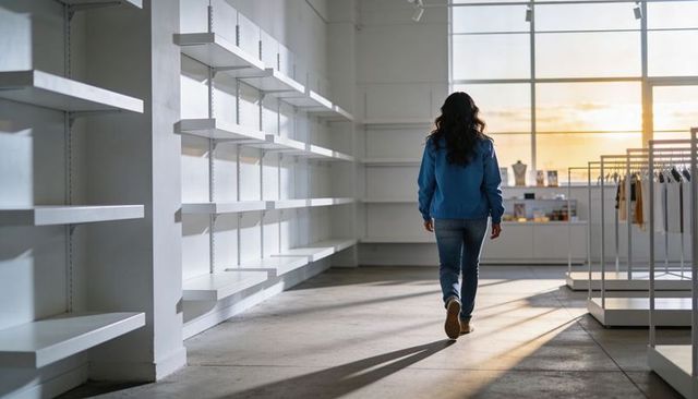 Woman walking toward sunlit grid window in empty retail store with minimalist shelves