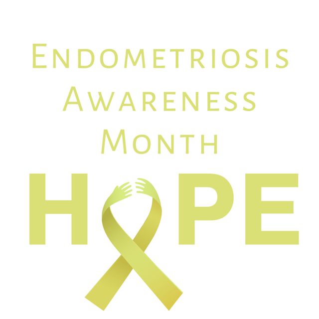 Graphic highlighting Endometriosis Awareness Month, emphasizing hope with golden ribbon and hands imagery. Perfect for health campaigns, social media, educational content, and supporting endometriosis awareness initiatives.