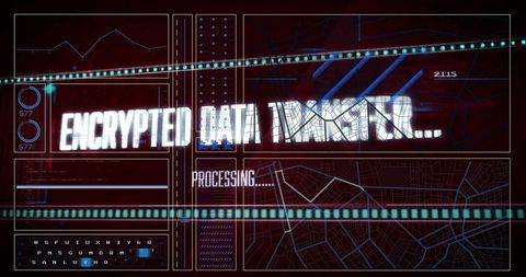 Futuristic user interface showing encrypted data transfer and processing
