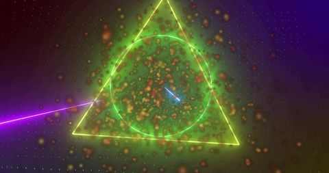 Pulsing neon triangle with glowing green ring, purple laser beam and cosmic particle burst