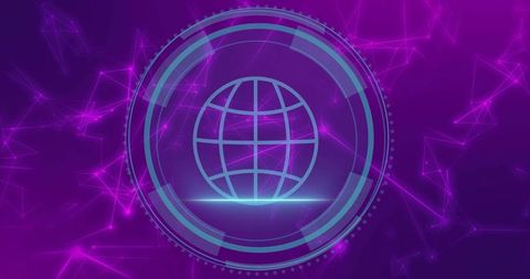 Glowing neon globe hud interface with rotating concentric rings and futuristic network mesh