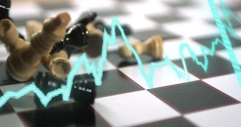 Toppled dark king and fallen pawns with cyan market graph overlay showing strategy risk