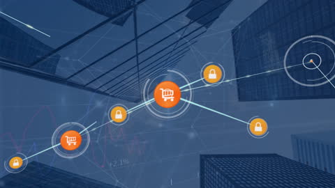 Digital Networking of Shopping Carts and Safety Icons in Urban Skylines