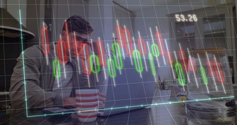 Stressed remote worker analyzing stock candlestick charts on laptop in kitchen workspace