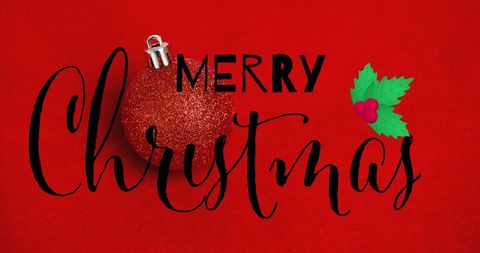 Merry Christmas Text with Festive Red Background and Bauble