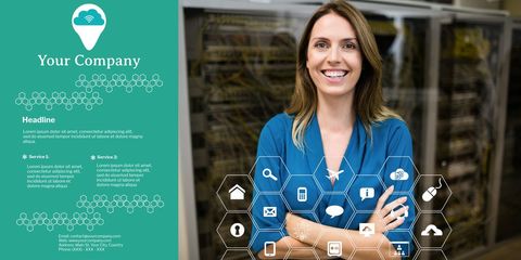 business professional woman with digital technology interface icons - Download Free Stock Templates Pikwizard.com