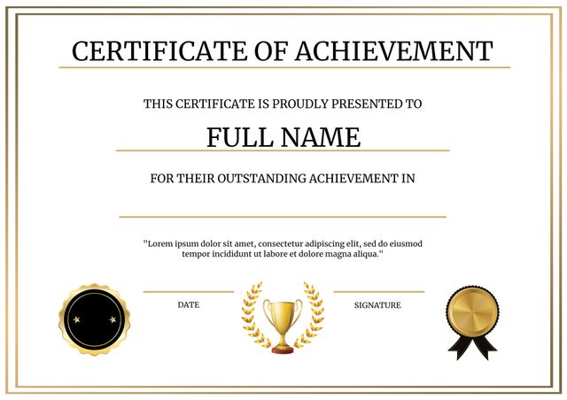 This image features a sophisticated and stylish certificate of achievement template with gold accents. The design incorporates space for the recipient's name, the achievement, the date, and a signature, along with decorative elements including a trophy icon and a premium-presence seal. Ideal for educational institutions, corporate awards, and personal achievements, this template offers a polished and professional way to recognize success.