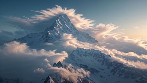 Snowcapped Mountain Peak at Dawn with Swirling Clouds