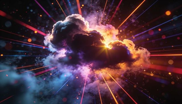 Luminous cloud radiating multicolor rays across cosmic void with glowing core